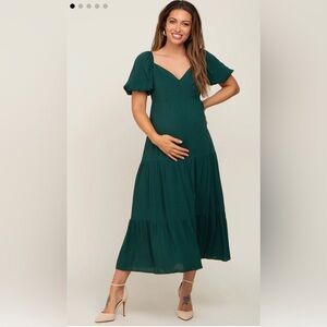Pinkblush Green V-Neck Puff Sleeve Tiered Maternity Maxi Dress